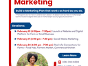 Promotional flyer for a "Small Farm/Business Marketing" workshop series by NC Cooperative Extension. The flyer lists three evening sessions in February (10th, 17th, and 24th) at the Randolph County Agricultural Center. It features a woman holding a basket