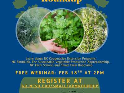 NC Cooperative Extension Small Farm Resource Roundup flyer; free webinar Feb 18 2PM; registration QR