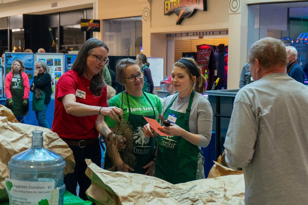 Amy Mead, Amy Long, and UNCW student help participant pick a tree seedling at TreeFest 2026