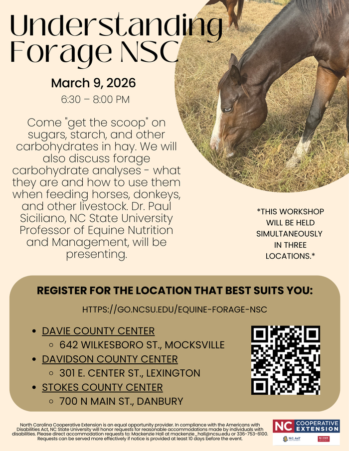 Horse grazing beside poster: "Understanding Forage NSC, March 9, 2026, 6:30–8:00 PM"