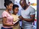 Family standing by open refrigerator, father writing on a notepad while others watch