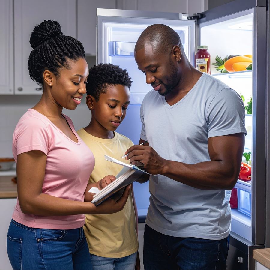 Family standing by open refrigerator, father writing on a notepad while others watch