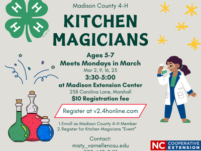 Madison County 4-H Kitchen Magicians — Ages 5–7; Mondays Mar 2,9,16,23 3:30–5:00; $10 registration