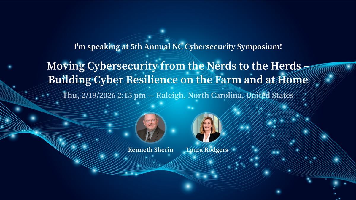 Event title "Moving Cybersecurity from the Nerds to the Herds"; Thu 2/19/2026 2:15 pm, Raleigh, NC; two speaker headshots