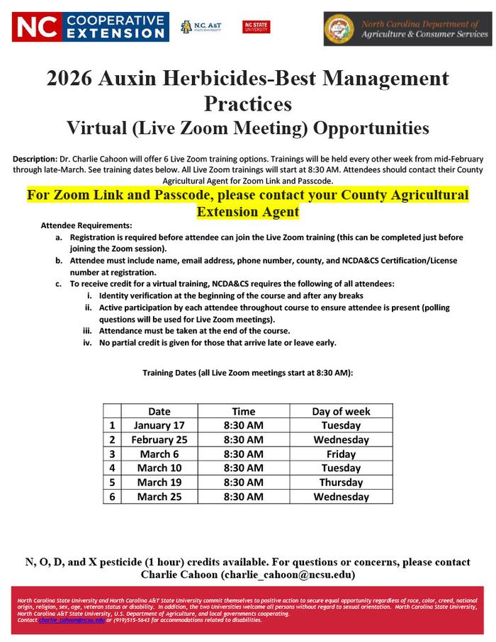 2026 Auxin Herbicides—Best Management Practices virtual Zoom meetings; contact county extension agent