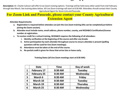 2026 Auxin Herbicides-Best Management Practices' detailing six live Zoom training sessions led by Dr. Charlie Cahoon in February and March 2026. The document lists attendee requirements for receiving N, O, D, and X pesticide credits and pr
