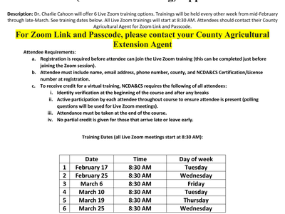 A flyer titled '2026 Auxin Herbicides-Best Management Practices' detailing six live Zoom training sessions led by Dr. Charlie Cahoon in February and March 2026. The document lists attendee requirements for receiving N, O, D, and X pesticide credits and pr