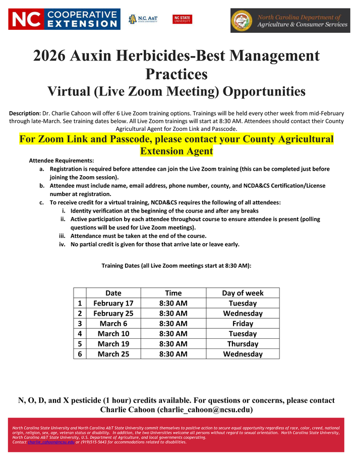 A flyer titled '2026 Auxin Herbicides-Best Management Practices' detailing six live Zoom training sessions led by Dr. Charlie Cahoon in February and March 2026. The document lists attendee requirements for receiving N, O, D, and X pesticide credits and provides a schedule of dates.