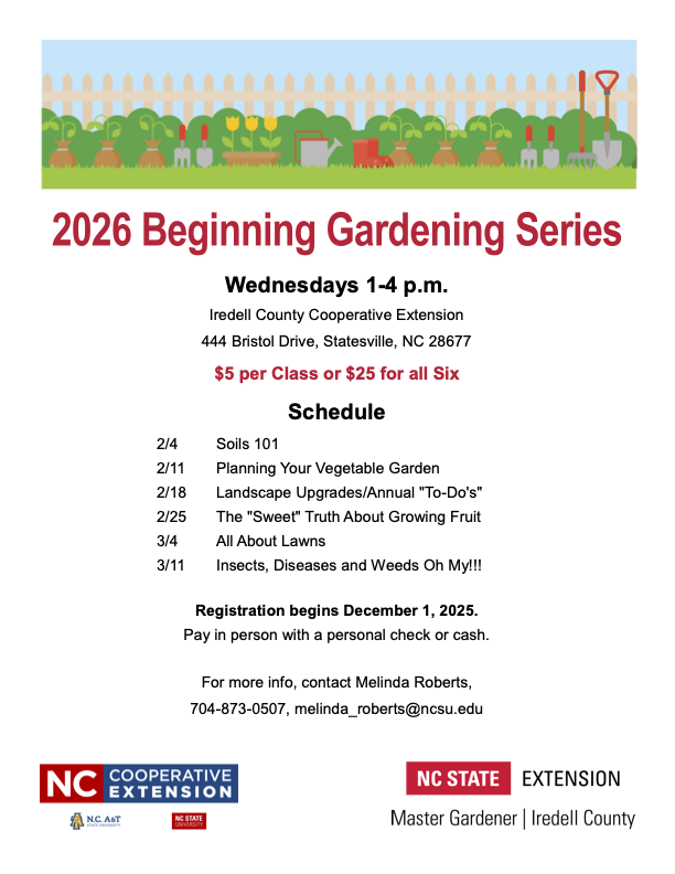 Flyer: "2026 Beginning Gardening Series" Wednesdays 1–4 p.m., Iredell County Cooperative Extension