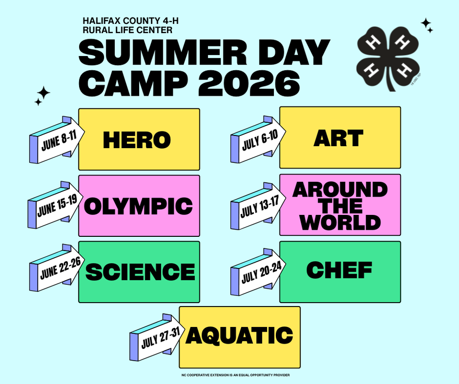 Halifax County 4-H Rural Life Center Summer Day Camp 2026 schedule with weekly themes and dates