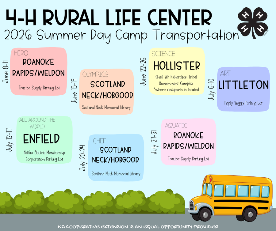 4-H Rural Life Center 2026 Summer Day Camp transportation schedule with dates and pickup towns