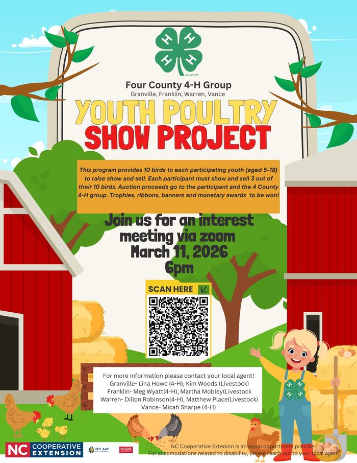 Four County 4-H Group Granville, Franklin, Warren Youth Poultry Show Project flyer date, location, registration info. and clip art farm, chickens background