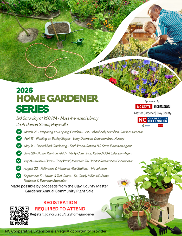 2026 Home Gardener Series — 3rd Saturday 1 PM at Moss Memorial Library; registration required
