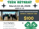 Event flyer for the 2026 Northeast District 4-H Teen Retreat held March 13-15 at the Eastern 4-H Center in Columbia, NC. The flyer shows a group of teens standing on a pier and lists highlights including workshops, service, and elections. Registration dea