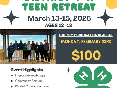 Event flyer for the 2026 Northeast District 4-H Teen Retreat held March 13-15 at the Eastern 4-H Center in Columbia, NC. The flyer shows a group of teens standing on a pier and lists highlights including workshops, service, and elections. Registration dea