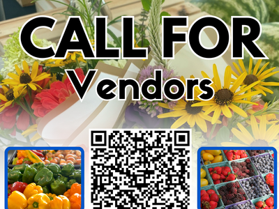 Call for vendors poster with QR code, produce photos, and website wayne.ces.ncsu.edu
