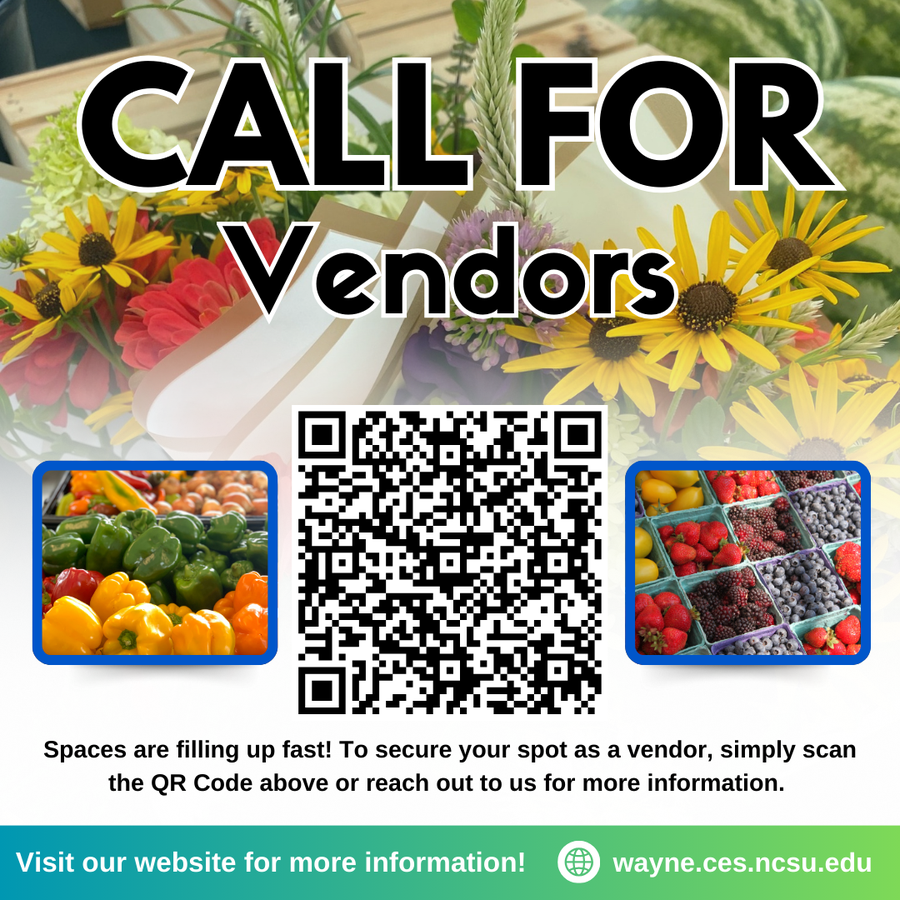Call for vendors poster with QR code, photos of produce, and website wayne.ces.ncsu.edu