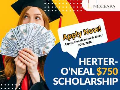 2026 flyer Herter O'Neal Scholarship lady graduate holding dollar bills