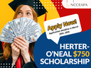 2026 flyer Herter O'Neal Scholarship lady graduate holding dollar bills