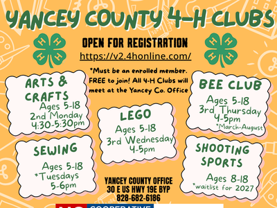 Yancey County 4‑H Clubs — Open for registration; https://v2.4honline.com/