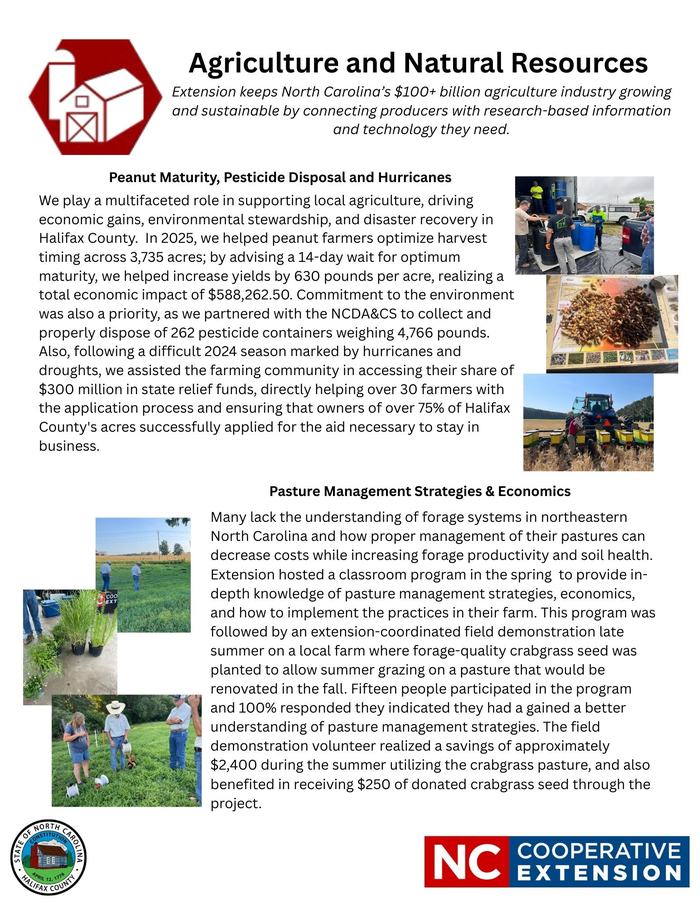 Agriculture and Natural Resources flyer — NC Cooperative Extension logo and program summaries