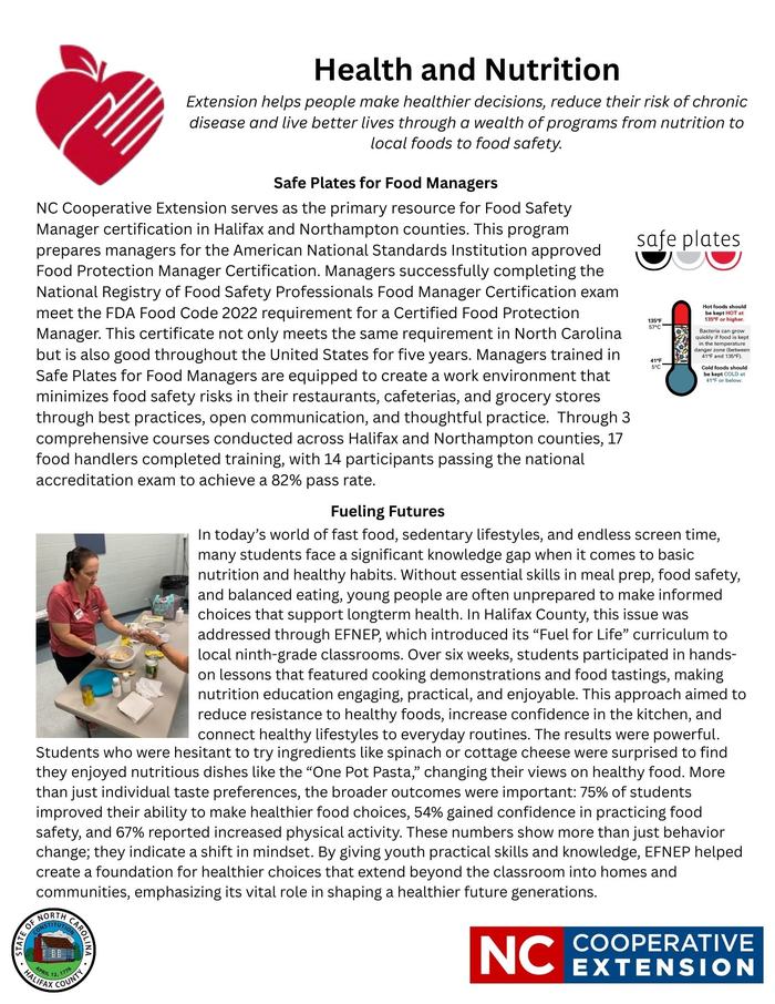 Health and Nutrition flyer: Safe Plates for Food Managers and Fueling Futures programs