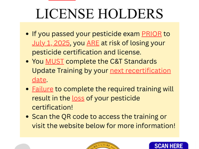 All pesticide license holders: complete C&T Standards Update Training by July 1, 2025. Scan QR.
