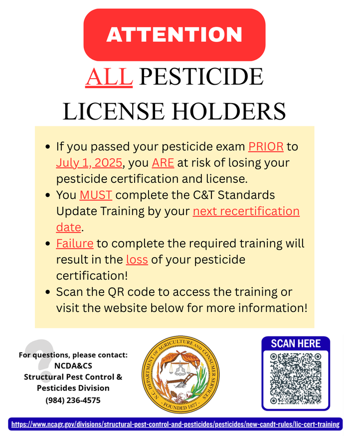 All pesticide license holders: complete C&T Standards Update Training by July 1, 2025. Scan QR.