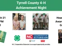 Flyer: Tyrrell County 4‑H Achievement Night — Saturday, March 21, 5:30–7:00 PM at Tyrrell Hall. Hearty finger foods, awards, games & recognition. Sponsored by Tyrrell County Cooperative Extension.