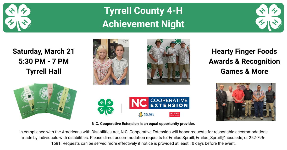 Flyer promoting Tyrrell County 4-H Achievement Night. It features 4-H clover graphics and photos of youth 4-H members.
