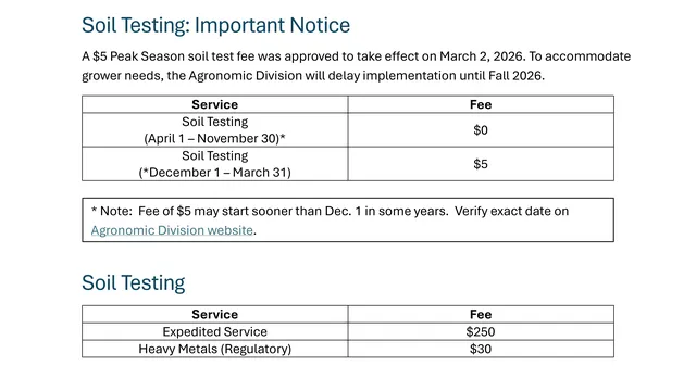 A document from the N.C. Department of Agriculture titled "Agronomic Services N.C. Grower Fees" with an effective date of March 2, 2026. It announces approved fee increases and lists them in three sections. Soil Testing: Important Notice States that a $5 
