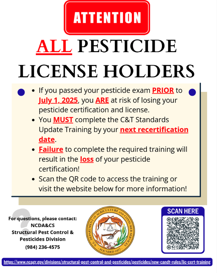Attention: All pesticide license holders — if certified before July 1, 2025 complete C&T update; scan QR