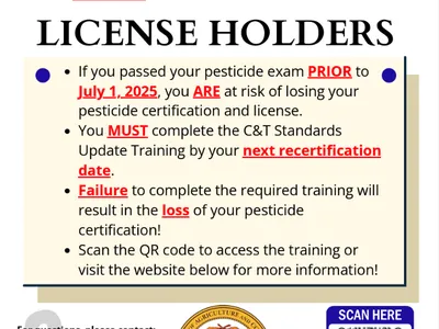 Attention: All pesticide license holders — if certified before July 1, 2025 complete C&T update; scan QR
