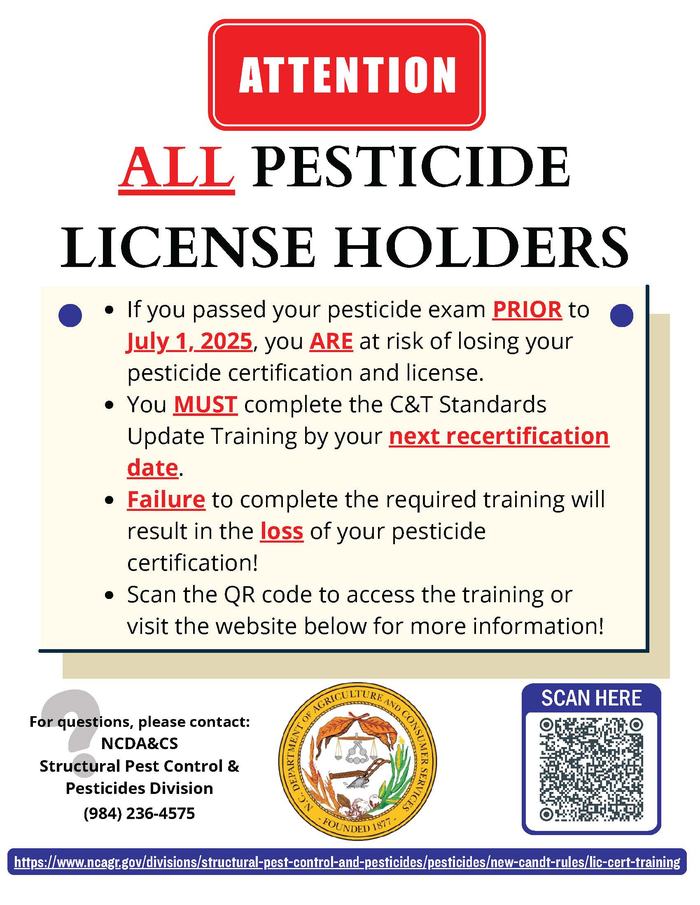 New C&T training for all pesticide license holders use links above to register or come to extension office on dates listes