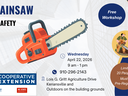 Chainsaw safety workshop poster — Free Workshop; Wed Apr 22, 2026 9am–1pm; 910-296-2143