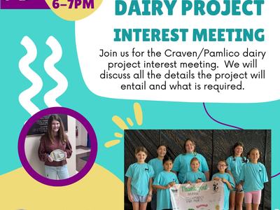 Craven/Pamlico Dairy Project interest meeting poster — Feb 25 6–7PM; photo of youth holding banner