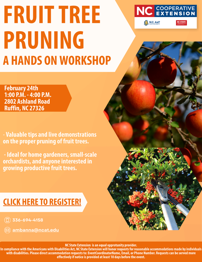 Fruit Tree Pruning Workshop! Whether you’re a backyard gardener or a small-scale orchardist, come learn the tips and techniques needed to keep your trees healthy and productive. February 24th | 1:00 P.M. – 4:00 P.M. 2802 Ashland Road, Ruffin, NC 27326 **Please dress for the weather and wear sturdy footwear, as the workshop will take place outdoors. Gloves are recommended** For questions, contact ambanna@ncat.edu or call 336-694-4158 REGISTER HERE! @ https://www.eventbrite.com/.../hands-on-tree-pruning...