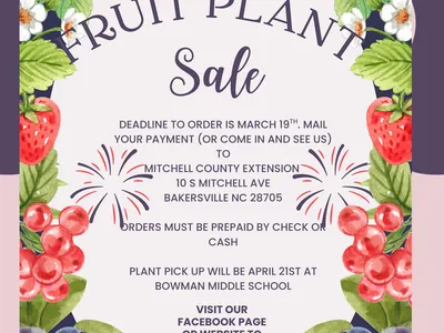 Fruit Plant Sale flyer — order deadline Mar 19; pickup Apr 21; Mitchell County Extension info