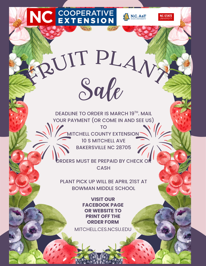 Fruit Plant Sale flyer — order deadline Mar 19; pickup Apr 21; Mitchell County Extension info