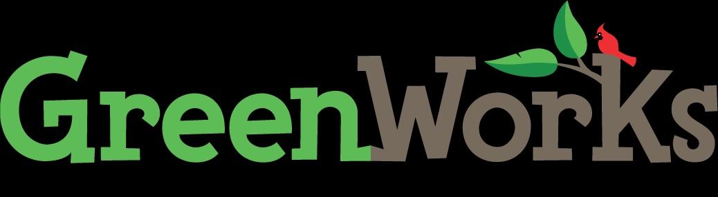 GreenWorks logo — "GreenWorks" text with a branch, green leaves and a red cardinal