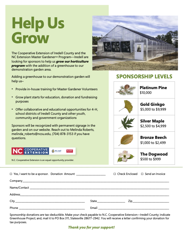 Help Us Grow greenhouse fundraising flyer with sponsorship levels and contact info
