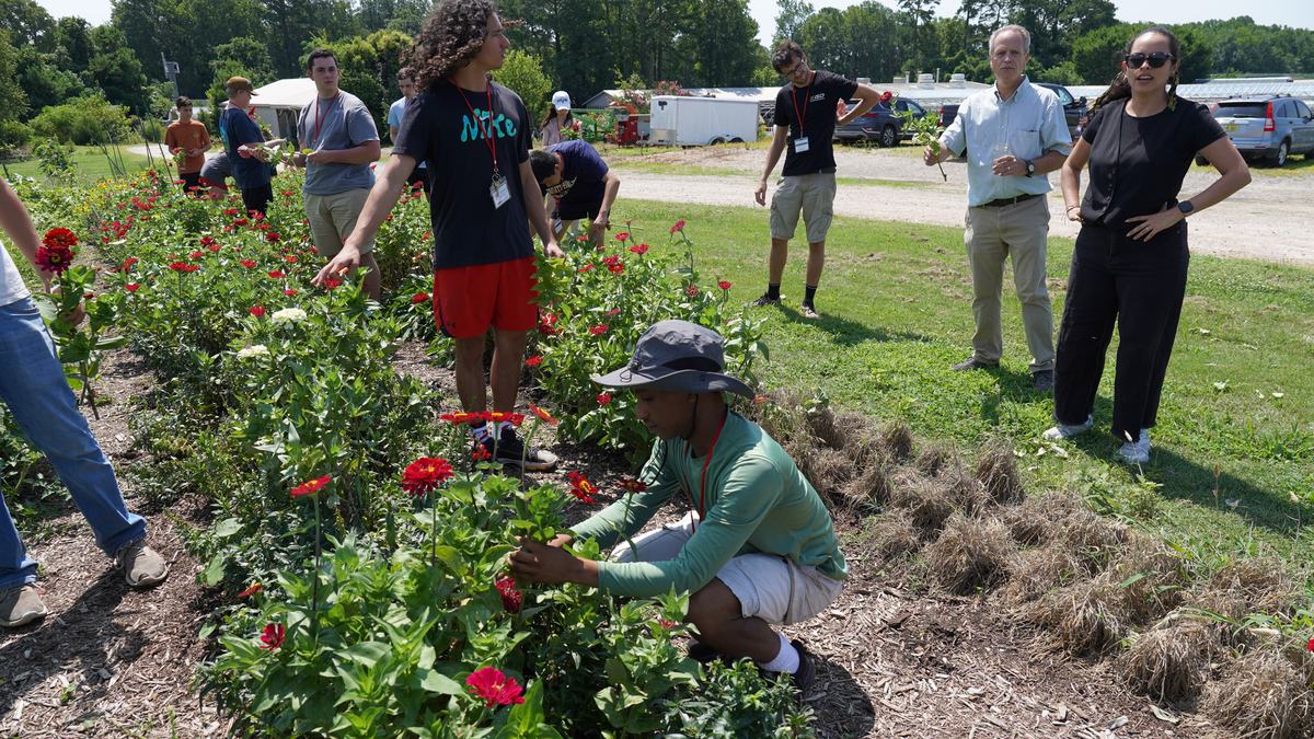students in a  flower garden