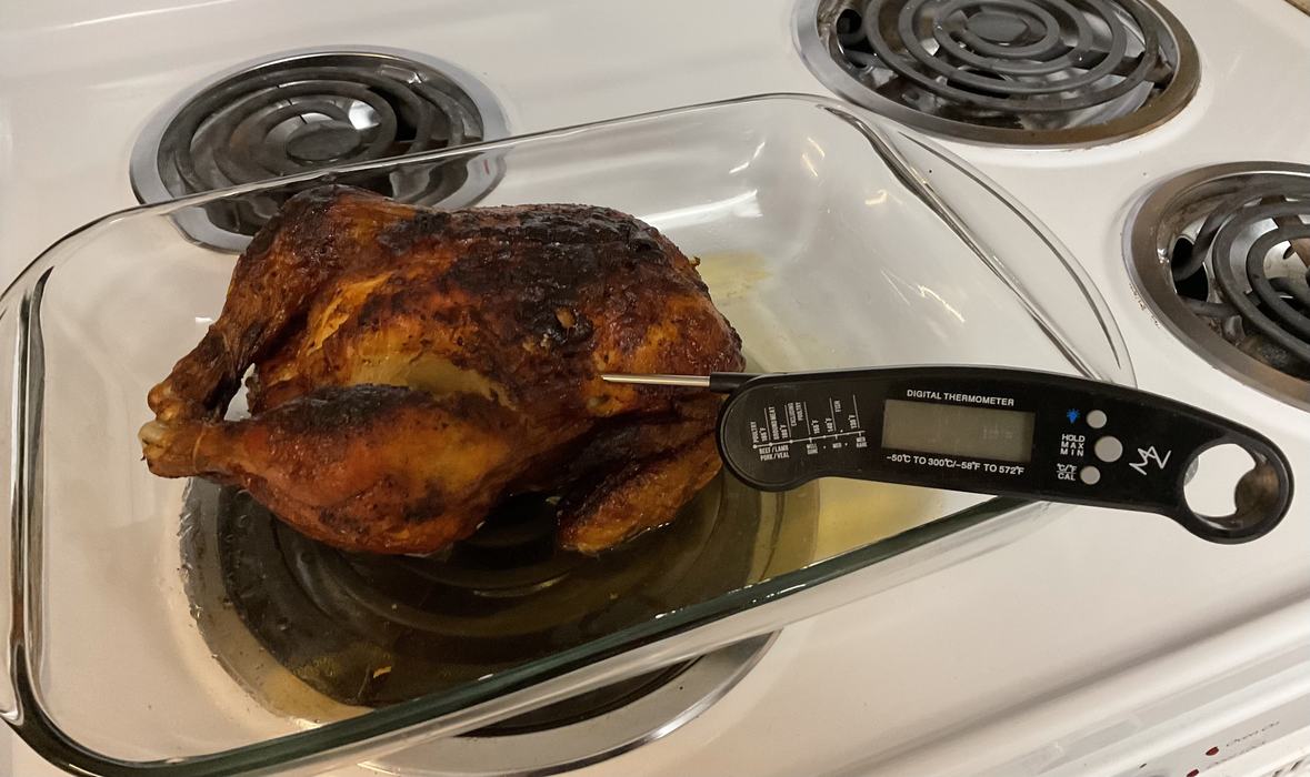 Cooked chicken in a glass baking dish with a thermocouple thermometer inserted in it.