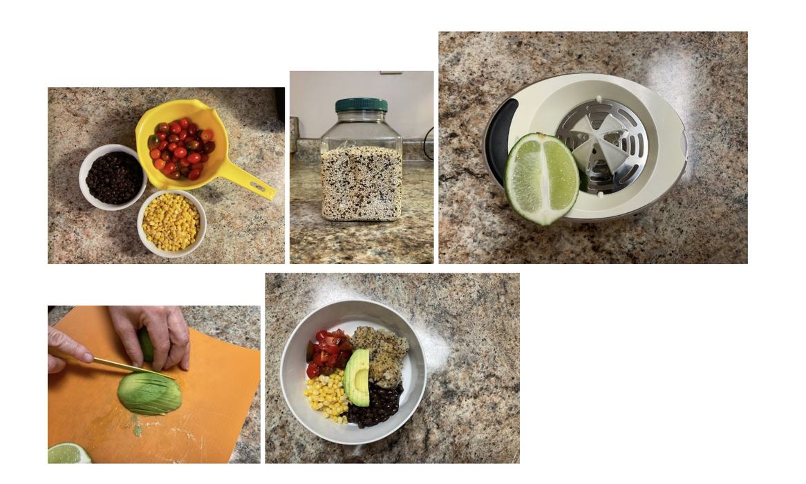 Cherry tomatoes in a yellow colander, yellow corn in a white bowl, black beans in a white bowl, a container of multicolored quinoa, half a lime on top of a manual juicer, a woman's hands slicing a green avocado, and a white bowl of cooked quinoa, chopped cherry tomatoes, yellow corn, black beans, and sliced avocado on a kitchen counter.