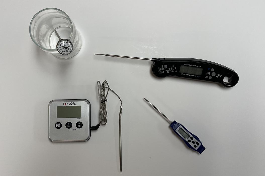 Silver oven cord thermometer, thermistor, thermocouple, and bimetal cooking thermometers.