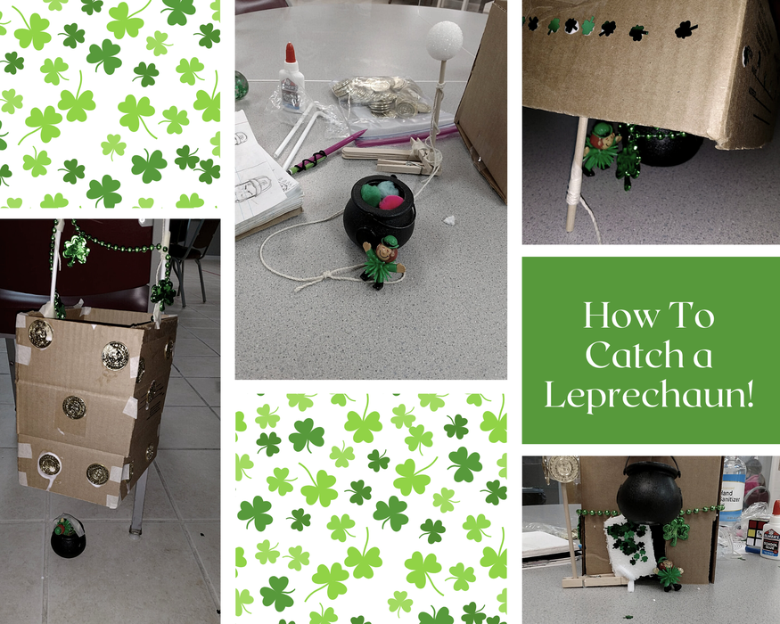 Pictures of leprechaun traps built by youth and verbiage how to catch a leprechaun