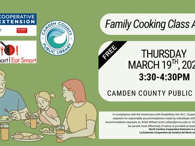 family sitting at table eating with event details listed