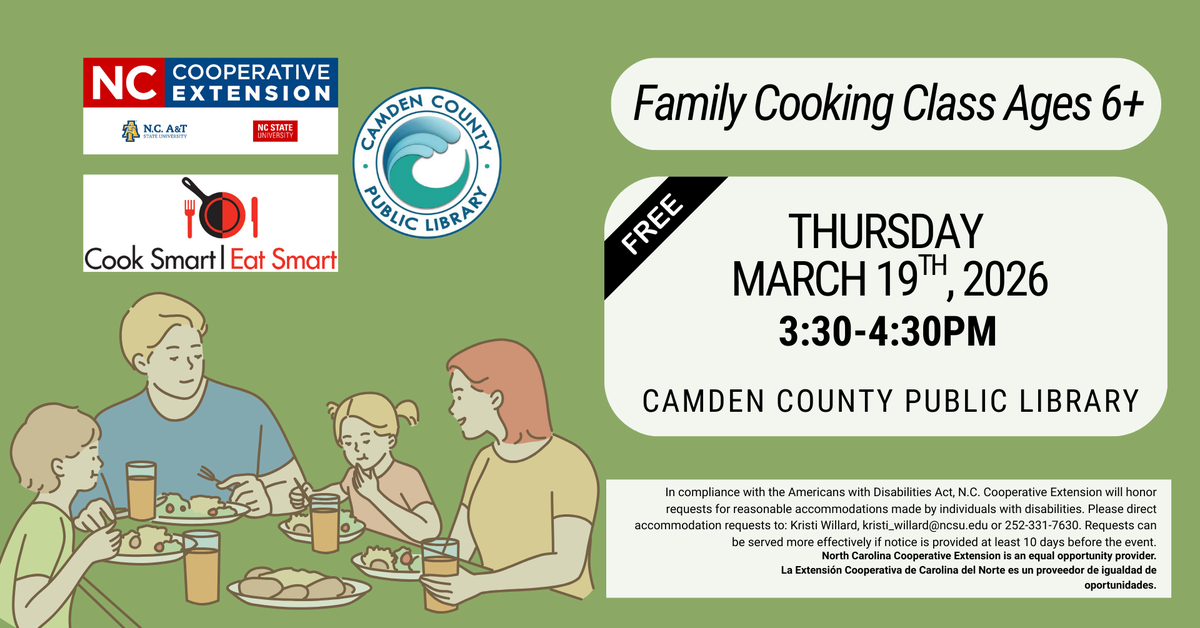 family sitting at table eating with event details listed