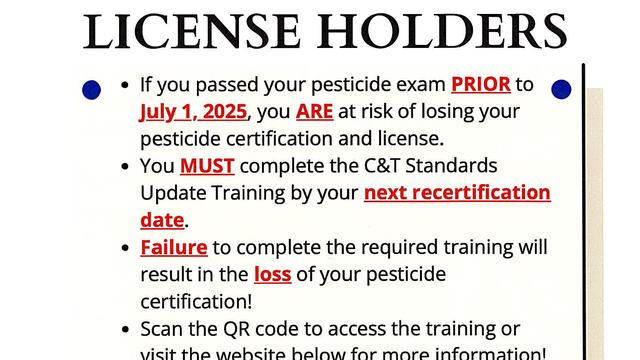 announcement for mandatory training for licensed pesticide holders