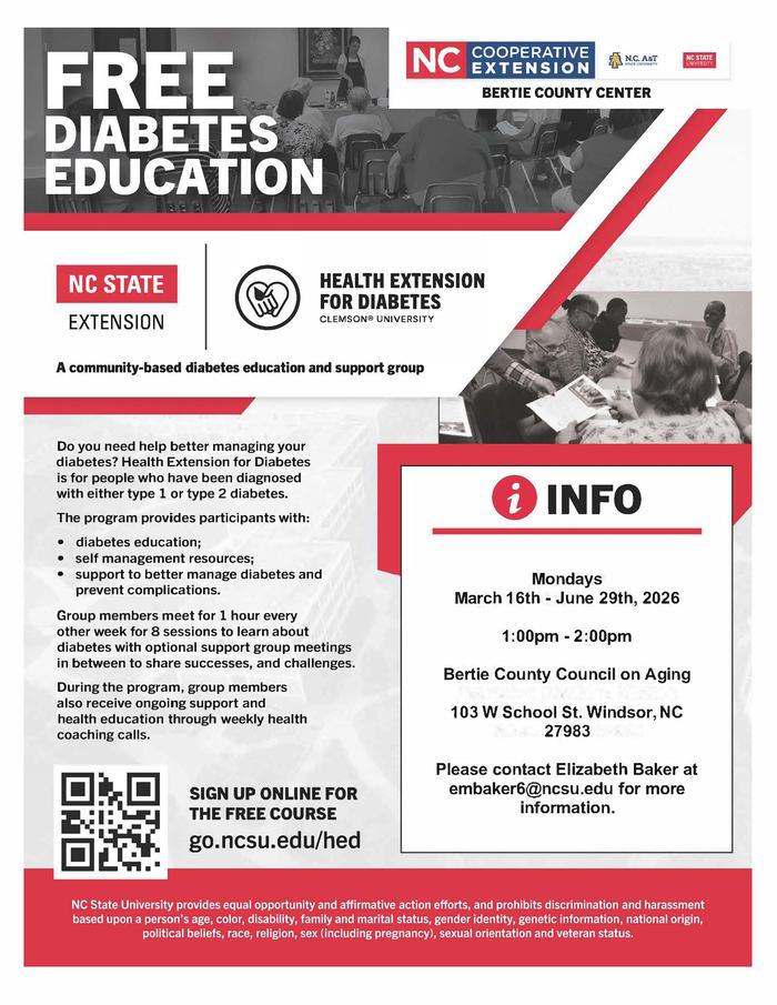 Free diabetes education — Mondays Mar 16–Jun 29, 2026, 1–2pm at Bertie County Council on Aging, Windsor NC